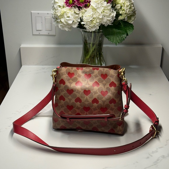 Coach Willow Bucket Tan and Red Heart Print Shoulder Crossbody Bag EUC + Dusty - Picture 3 of 16